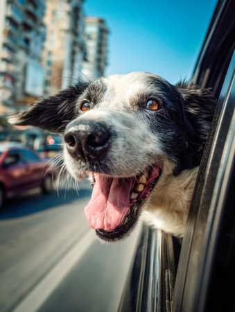 A cheerful monochrome canine delights in a city drive, its ears flapping in the breeze as vibrant...