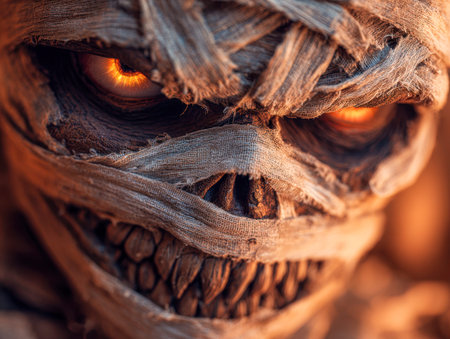 An unsettling close-up of an ancient mummy's face, glowing eyes piercing through tattered wrappings,...