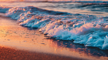 Soft surf caresses a sunlit beach as hues of crimson and amber dance across rippling waters, creating a peaceful and mesmerizing seaside scene.の写真素材