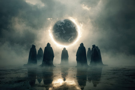 Shadowed figures cloaked in darkness gaze towards a sinister, luminous orb amid swirling fog,...