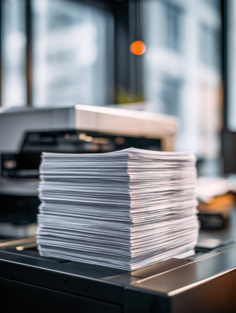 A pristine pile of blank white sheets stacked precisely atop an office printing device, set against...