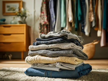 A carefully organized pile of relaxed apparel resting on a soft bed, inviting comfort and hominess...