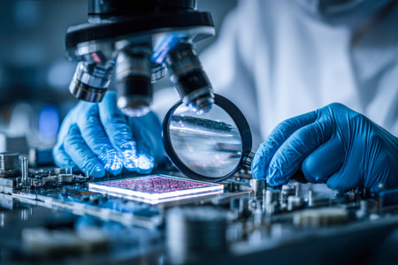 A researcher closely inspects a tiny circuit board using a magnifying lens amid sleek, advanced...