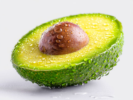 A vibrant, freshly sliced avocado displays glistening water droplets, highlighting its ripe, creamy...