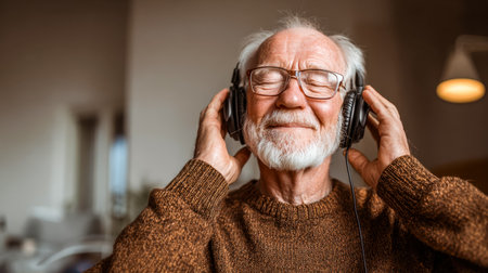 An advanced-aged gentleman relaxes in a warm, inviting room, immersed in melodies through sleek headphones, exuding tranquility and joy.のeditorial素材