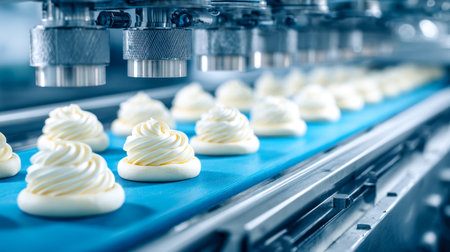 Precision machinery arranges golden cookies with signature swirl patterns, creating a seamless flow...