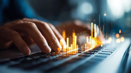 An individual reviews complex financial charts on a laptop screen, immersed in a modern workspace,...