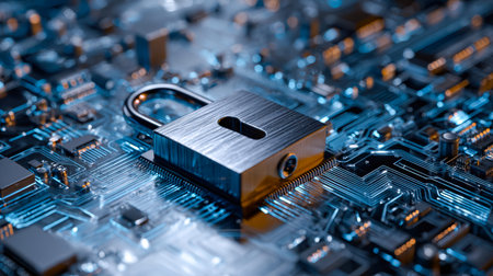 A close-up of a secure padlock embedded on a high-tech circuit pathway, symbolizing robust...