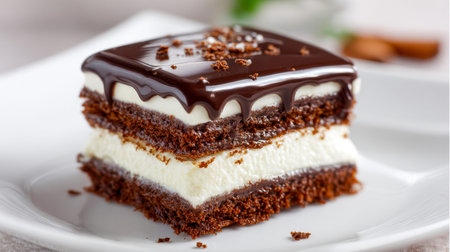 Rich, multi-tiered chocolate indulgence featuring luscious white cream layers, topped with a smooth,...
