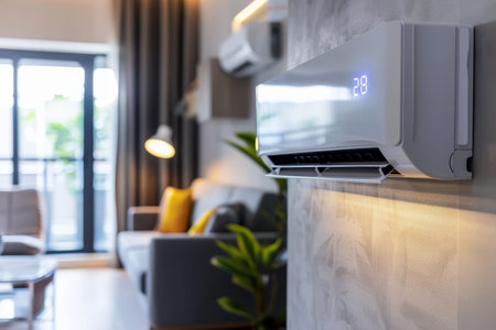 Modern living room with energy-efficient air conditioner and natural fresh air for improved comfort