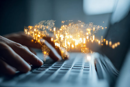 A vibrant network of interconnected digital icons and glowing lines spans a world map, illustrating...