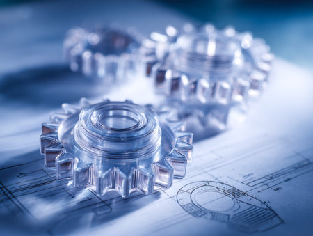 Intricate glass gears overlay detailed blueprints, embodying advanced craftsmanship and cutting-edge...