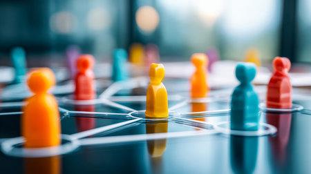 Brightly colored game tokens arranged across a sleek, contemporary board evoke thoughtful...