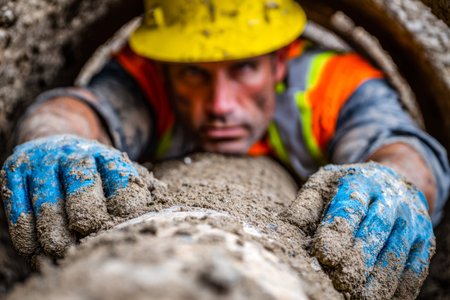 A focused laborer in protective attire extends his arm into a damp, earth-toned tunnel, embodied...