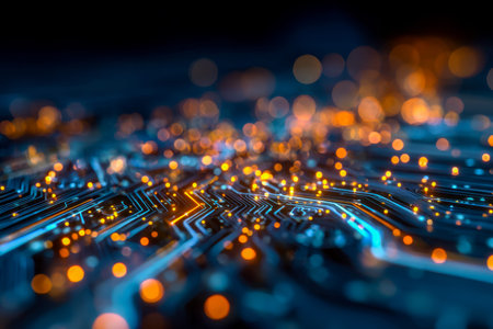 Intricate neon-lit network of electronic pathways and luminous data nodes creates a high-tech...