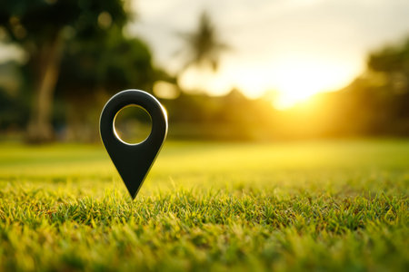 A sleek, contemporary map pin stands out against lush green grass, with warm sunset hues casting...
