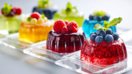 A vibrant array of fruit-inspired gelatins adorned with ripe berries and fragrant mint, creating a...