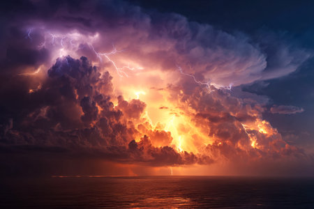 A powerful electrical storm illuminates turbulent seas beneath a sky ablaze with crimson and orange...