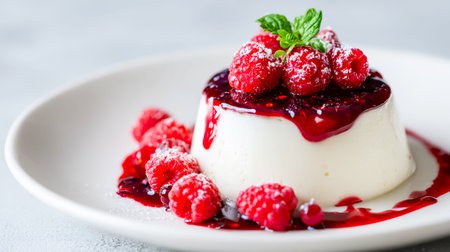 A smooth, creamy dessert adorned with fresh raspberries and mixed berries, elegantly presented on a...
