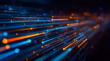 Dynamic trails of luminous blue and fiery orange weave through a sleek, dark backdrop, evoking...