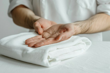 Caucasian male hotel worker folding clean white towel for linen cleaning servicesの写真素材