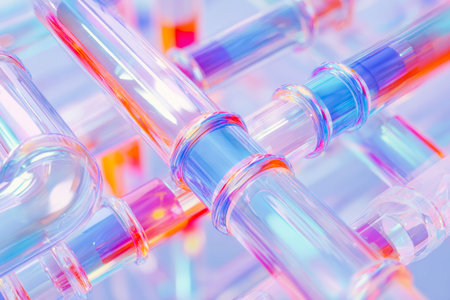 A captivating macro scene showcasing shimmering glass cylinders with kaleidoscopic colors, luminous...