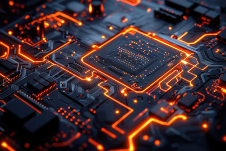 A sleek, high-tech motherboard features vibrant orange-lit pathways and advanced microchips, evoking...
