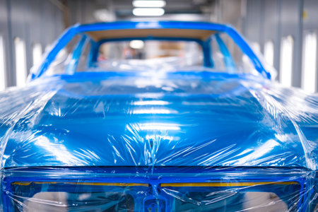 A vintage racing vehicle enveloped in glossy plastic sheeting, resting in a workshop's echoing space, awaiting restoration or deployment on the track.の写真素材