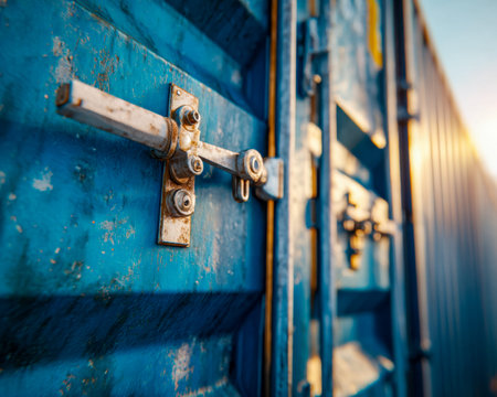 A detailed view of a corroded metal lock securing an aged blue cargo box, illuminated by warm...