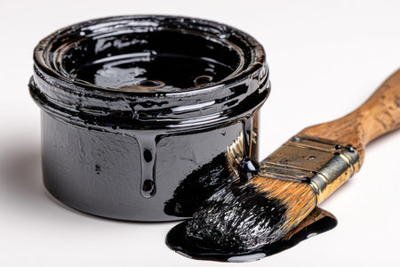 A compact jar of shimmering black liquid adorns a pristine white surface, with residual streaks cascading down its sides, while a paint-spattered brush rests nearby, hintの写真素材
