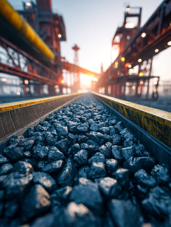 Tongue of rusty rails stretches into the evening glow, with rugged mining complexes silhouetted...