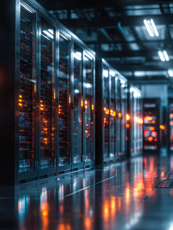 Sleek rows of glowing server enclosures line a futuristic, high-efficiency environment, showcasing...