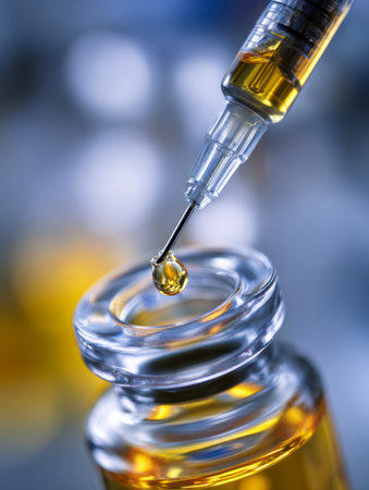 A slender syringe penetrates a tiny glass container, drawing golden-hued fluid amid gently diffused...