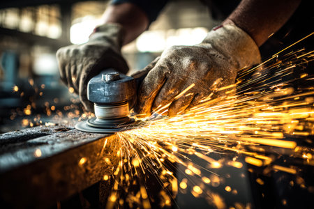 An experienced artisan expertly buffing a metal piece, releasing a shower of bright sparks amid a...