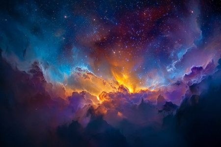 An awe-inspiring night scene featuring a luminous tapestry of fiery reds, electric blues, and...
