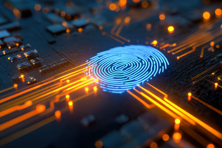 A high-tech biometric scan illuminated on an advanced circuitry surface, symbolizing cutting-edge...