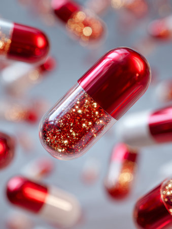 Vibrant red gel capsules containing twinkling gold flecks, suspended in a gentle glow, evoke health...