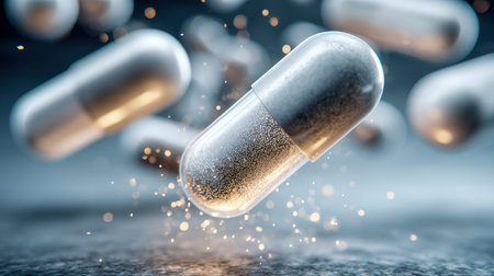 An intricate, close-up view of a sleek, capsule-formed medical device surrounded by luminous...