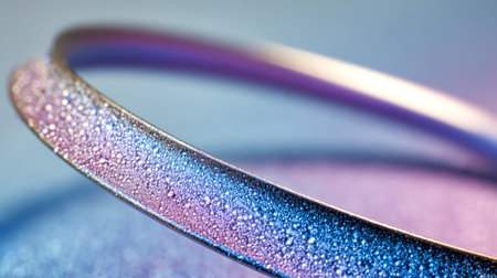 A shimmering, holographic accessory adorned with tiny water beads, capturing light and reflecting a...