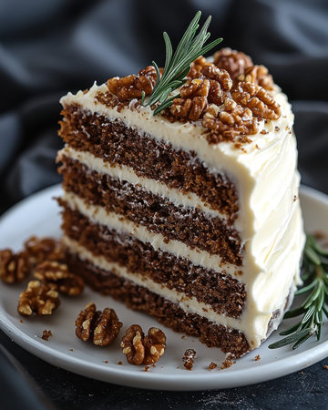 A rich, multi-tiered chocolate dessert adorned with smooth cream layers and crunchy walnut...