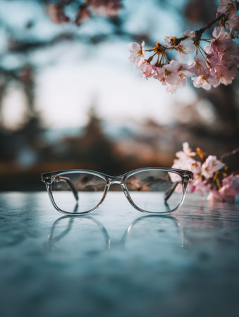 Elegantly crafted clear glasses gently sit on a mirror-like surface, surrounded by soft pink blooms...