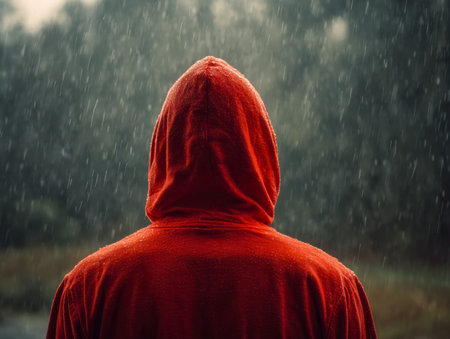 A solitary figure in a crimson hooded sweatshirt gazes into a grey, rain-soaked landscape, evoking...