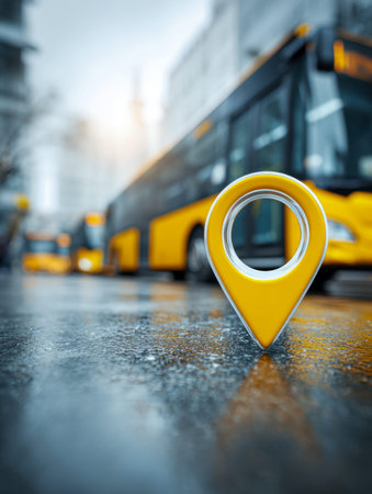 A vibrant yellow pin stands out on a soaked urban avenue, where sleek yellow buses are parked along...