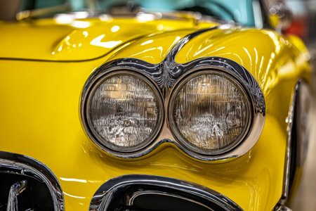 A detailed view highlighting the gleaming chrome trim and striking yellow hue of a classic automobile's twin headlamps, evoking timeless elegance and retro style.の写真素材