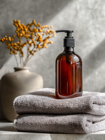 Warm-toned soap container rests atop neatly folded linens, with an ornamental vaseadding effortless elegance to a cozy, inviting bathroom settingの写真素材
