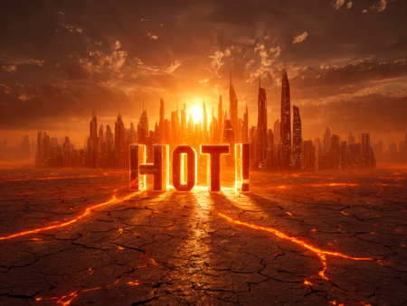 A blazing desert horizon illuminated by fiery hues, with remnants of a crumbling metropolis igniting...