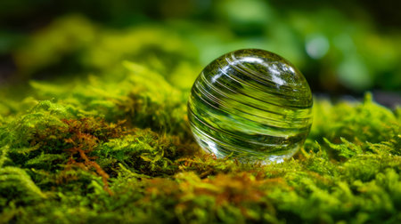 A shimmering glass sphere nestled amidst vibrant moss, capturing dappled sunlight in a dense,...