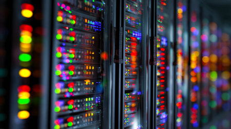 Rows of high-performance servers glow with vibrant indicator lights, creating a dynamic ambiance in...