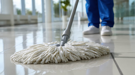 A tidy, sunlit space featuring lush indoor greenery, where someone mops across glossy tiles with a...
