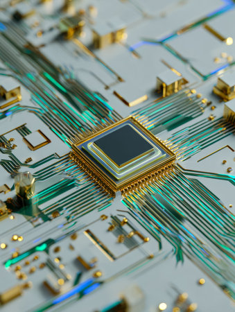 A detailed macro shot revealing a sleek, cutting-edge circuit board illuminated by vibrant neon...